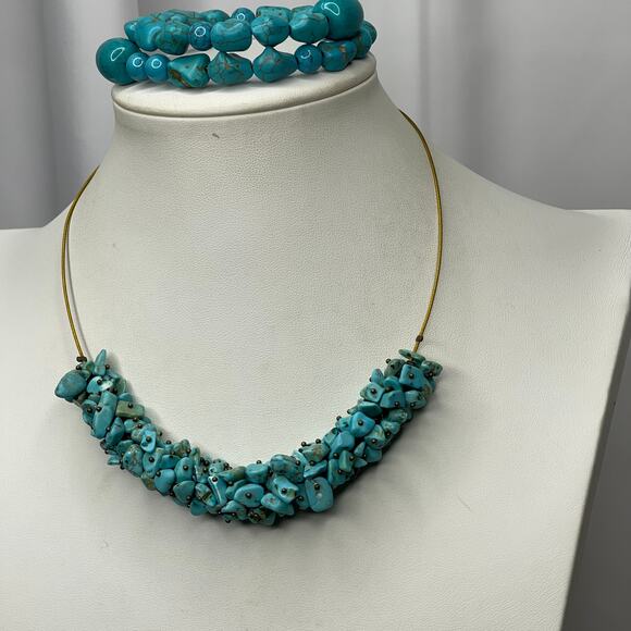 turquoise colored blue stone chip necklace and coordinating bracelet set boho - Picture 9 of 14